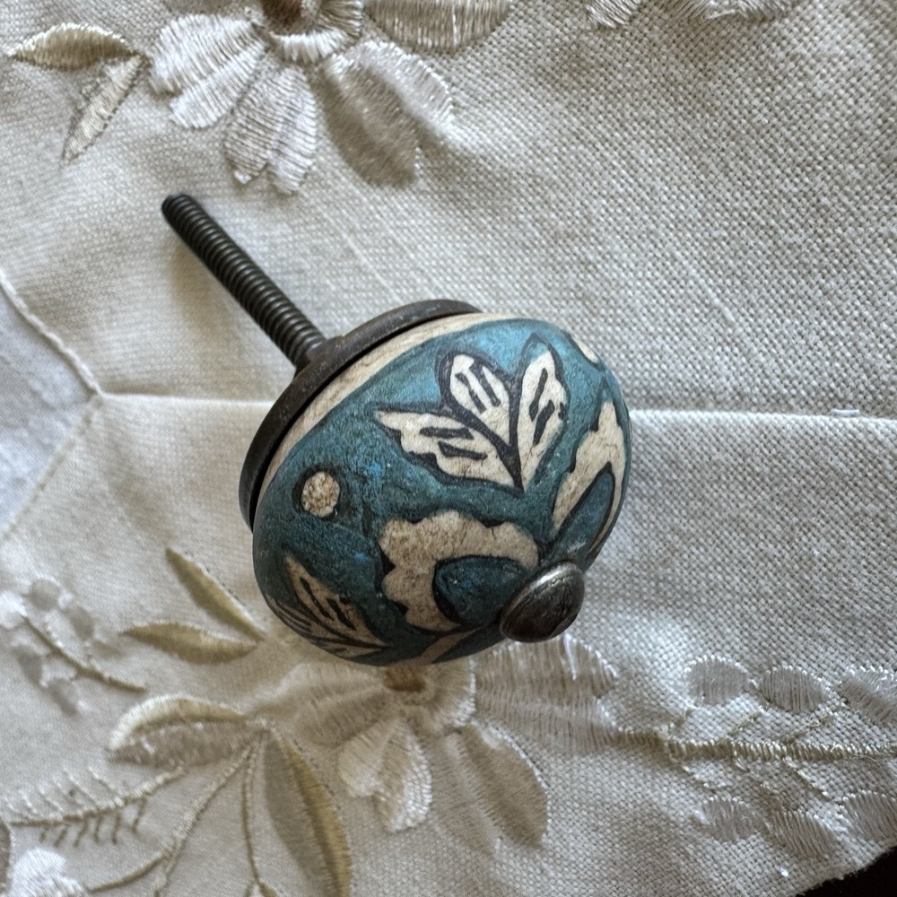 Deep Blue /Teal With Leaf Design 1.5" Drawer Pull Knob For Cabinet Eclectic Boho
